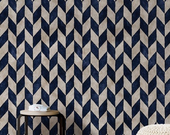 Blue Herringbone Wallpaper, Minimalist Chevron Wall Decor, Soft Blue and Cream Simple Modern Wall Papering