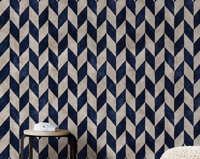Blue Herringbone Wallpaper, Minimalist Chevron Wall Decor, Soft Blue and Cream Simple Modern Wall Papering