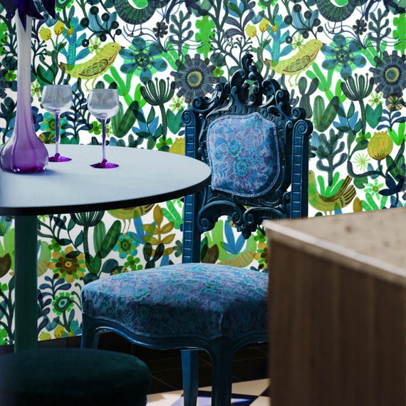 Botanical Birds Wallpaper, Scandinavian Folk Art Wallpaper – Vibrant Floral & Bird Mural for Eclectic Homes