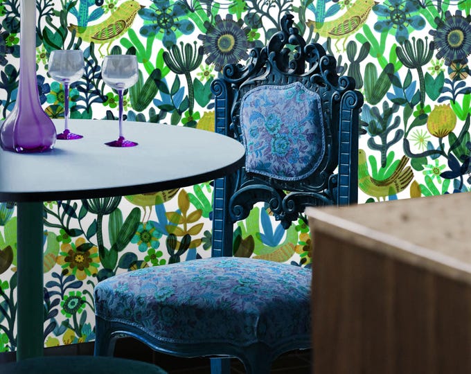Botanical Birds Wallpaper, Scandinavian Folk Art Wallpaper – Vibrant Floral & Bird Mural for Eclectic Homes