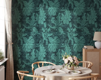 Persian Turquoise Damask Wallpaper, Antique Victorian fabric texture