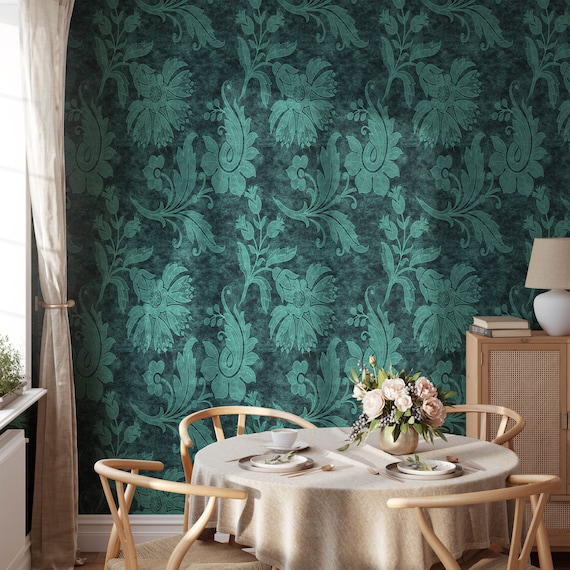 Persian Turquoise Damask Wallpaper, Antique Victorian fabric texture