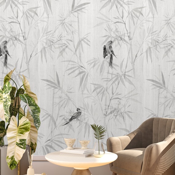 Japandi Aesthetic Bamboo Wallpaper, Black and White Asian Decor Bamboo Wall, Forest Chinoiserie