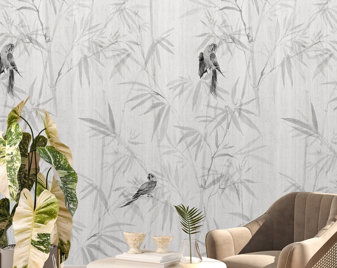 Japandi Aesthetic Bamboo Wallpaper, Black and White Asian Decor Bamboo Wall, Forest Chinoiserie