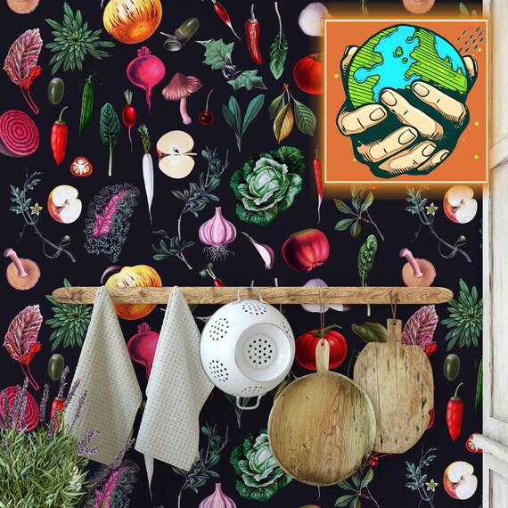 Vintage Vegetables Kitchen Wallpaper, Retro Kitchen Veggie Wall decor, Farmhouse Wall Art