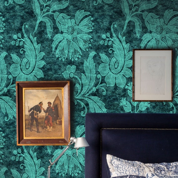 Classic Decor Turquoise Damask Wallpaper, Antique Victorian fabric texture