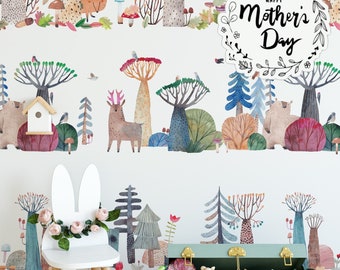 Watercolor Animals Woodland Wallpaper for Nursery Decor, Kids Room Forest Wall Decor, Backwoods Wall Art