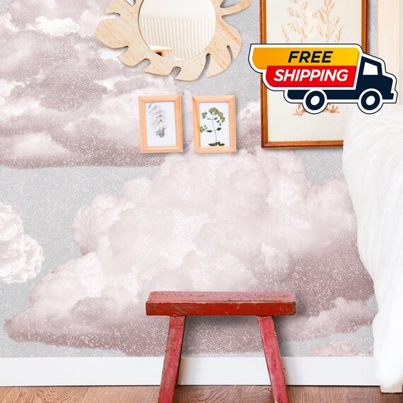 Dreamy Pink Clouds on Soft Grey Wallpaper - Perfect for a Little Girl's Room, Pink an Grey Nursery Aesthetic, Blush Pink Wall Decor