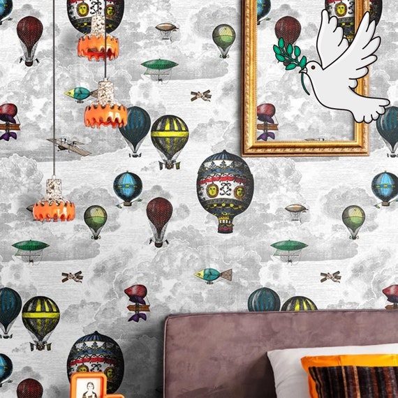 Hot Air Balloons Wallpaper with Vintage Airships, Vintage Illustration Cloudy Sky for Feature Wall