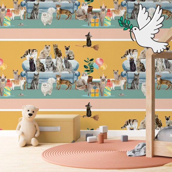 Cats Wallpaper For Kids and Nursery With Cute Animals, Curious Cats Birthday Wall Decor
