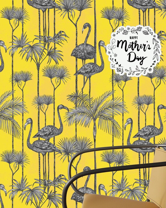 Yellow Flamingo Wallpaper, Tropical Birds Vintage Wallpaper, Dramatic Wall Covering