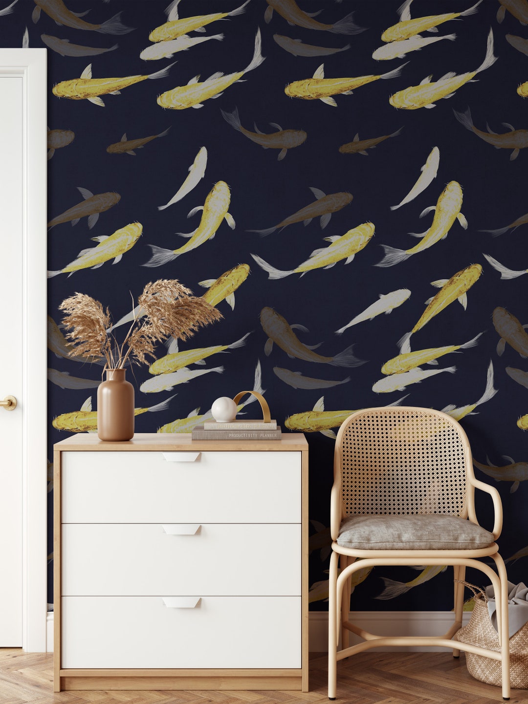 Gold and Blue Koi Wallpaper Feng Shui Japanese Art Fishes - Etsy