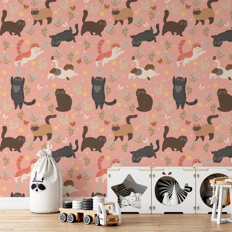 Funny Cats Pink Wallpaper for Blush Kids Room Cat Wall Decor Etsy