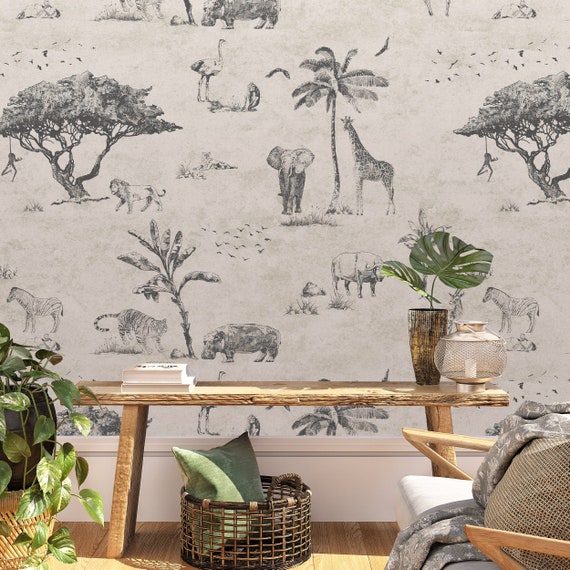 Safari Wallpaper with Wild Animal, African Forest Wall Mural, Exotic Animals Wall Art, Tiger and Elephant Wallpaper