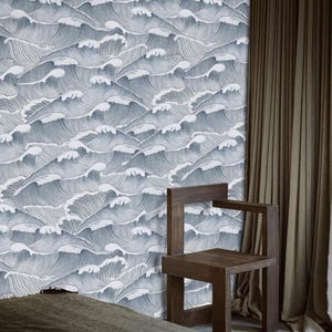 Papel pintado vintage de olas japonesas con estampado oceánico azul grisáceo, grabado a mano.