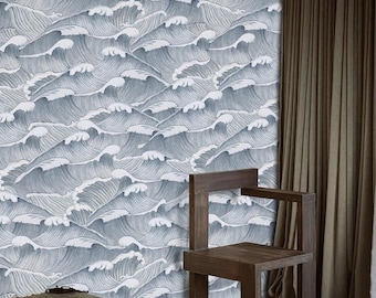 Vintage Japanese Wave Wallpaper, Blue Gray Ocean Pattern, Hand Drawn Etching Wall Covering