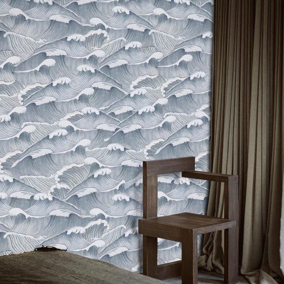 Vintage Japanese Wave Wallpaper, Blue Gray Ocean Pattern, Hand Drawn Etching Wall Covering