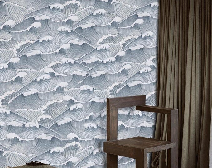 Vintage Japanese Wave Wallpaper, Blue Gray Ocean Pattern, Hand Drawn Etching Wall Covering