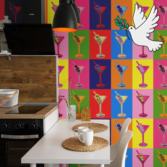 Martini Glasses Pop Art Wallpaper, Fluo Art for Modern Decor, Kitchen Wall art