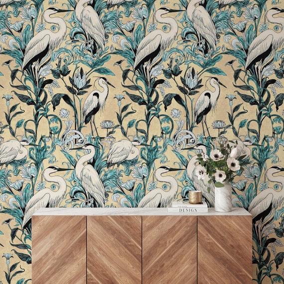 Art Deco Crane Wallpaper for Luxurious Home Decor – Vintage-Inspired, Timeless Style & Elegant Interiors