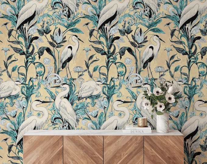 Art Deco Crane Wallpaper for Luxurious Home Decor – Vintage-Inspired, Timeless Style & Elegant Interiors