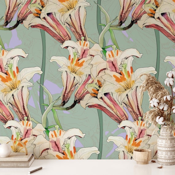 Art Nouveau Pink Lilly Floral Wallpaper, Watercolor Lillies Wall Art, Hanging White Lily Wall Mural