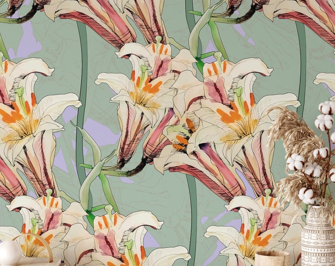 Art Nouveau Pink Lilly Floral Wallpaper, Watercolor Lillies Wall Art, Hanging White Lily Wall Mural