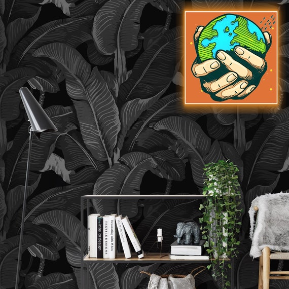 Triple Black Banana Leaf Wallpaper - Eco-Chic & Italian Design, Dark Tropical Wall Art, Black Wall Decor.
