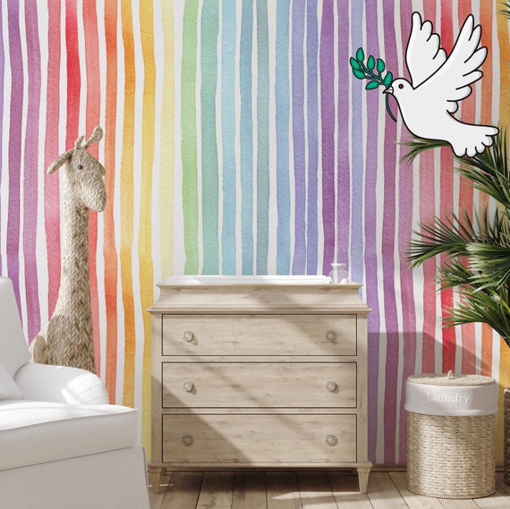 Pastel Rainbow Striped Wallpaper, Watercolor Paint Vertical Stripes Soft Color Kids Room Temporary Wall Art