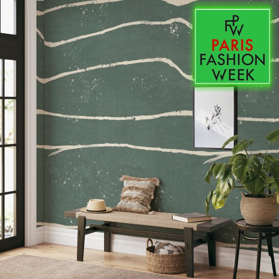 Abstract Painting Green Brushstroke Removable Wallpaper, Extra Large Wall Art Watercolor Modern Wall Decor