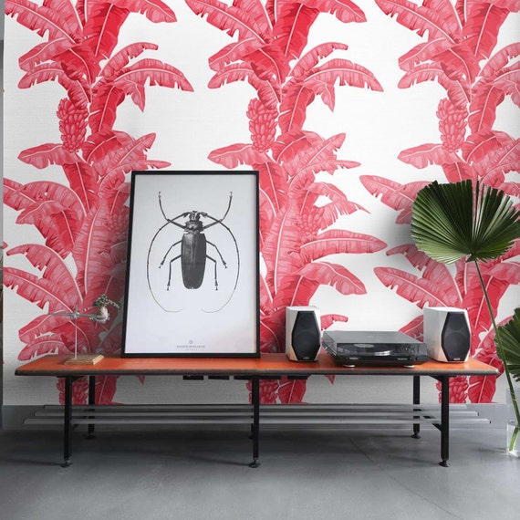 Tropical Palm Leaf Wallpaper in Red and White, Banana Leaves Decor Accent Feature Wall