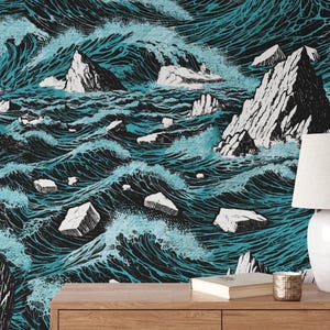 Carta da Parati Iceberg e Onde – Stampa Artigianale Italiana | Design Artico | Decorazione Nautica Eco-Sostenibile | Carta Premium