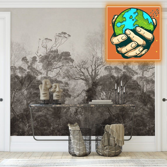 Vintage Forest Wallpaper, Landscape in Classic Old Style Trees Wallpaper, Sepia Forest Wall Mural