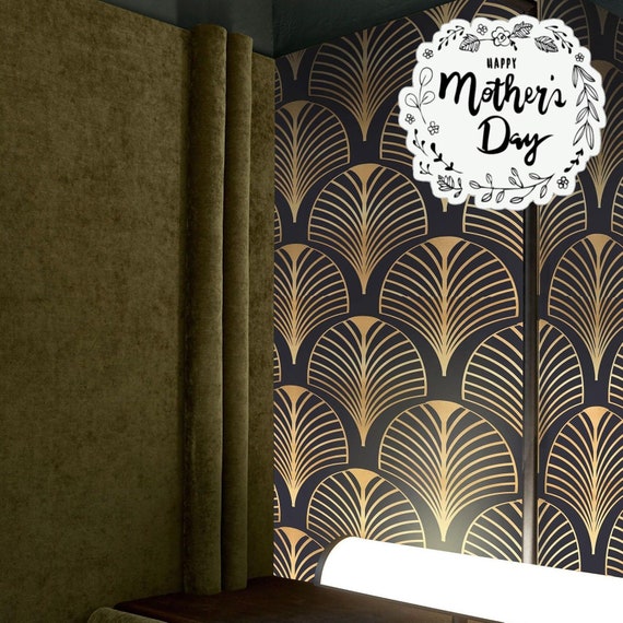 Art Deco Wallpaper - Luxurious Black & Gold Fan Design | Vintage and Retro Home Decor