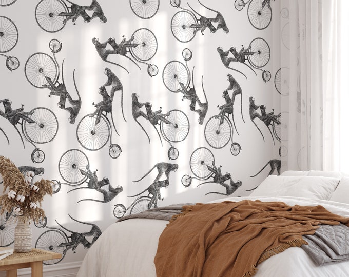 Monkeys on Bicycles Vintage Wallpaper, Monkey Wall Art in Black and White