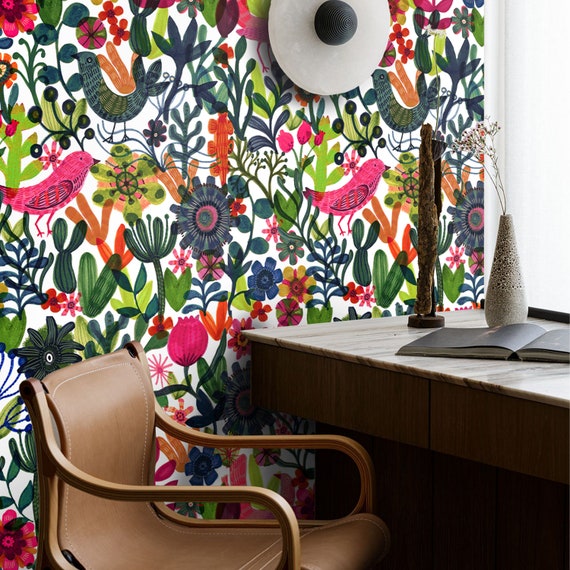 Vibrant Botanical & Bird Wallpaper, Add a Touch of Scandinavian Charm to Your Home with Our Bright and Colorful Bucolic Wallpaper