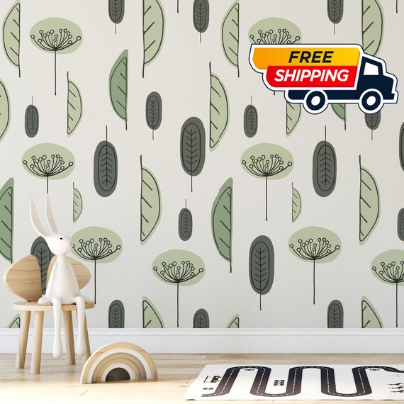 Green Leaves Abstract Wallpaper, Pastel Wallpaper for Kids, Forest Nursery Simple Wall Decoration