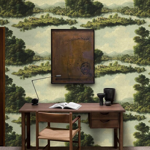 Rural Landscape Vintage Wallpaper, Antique Panorama Wall Mural, Lake Wall Decor