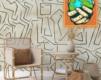 Minimal Design Art verwijderbaar behang, neutrale tinten graffiti kunst aan de muur, moderne abstracte kunstlijnen