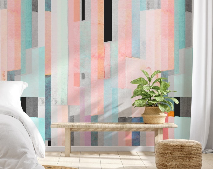 Striped Colorful Extra Large Wall Art, Watercolor Brush Strokes paint Wallpaper