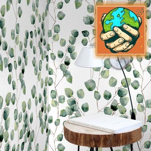 Leaf Eucalyptus Green Boho Watercolor Temporary Wallpaper,  Little Leaf wall Decor