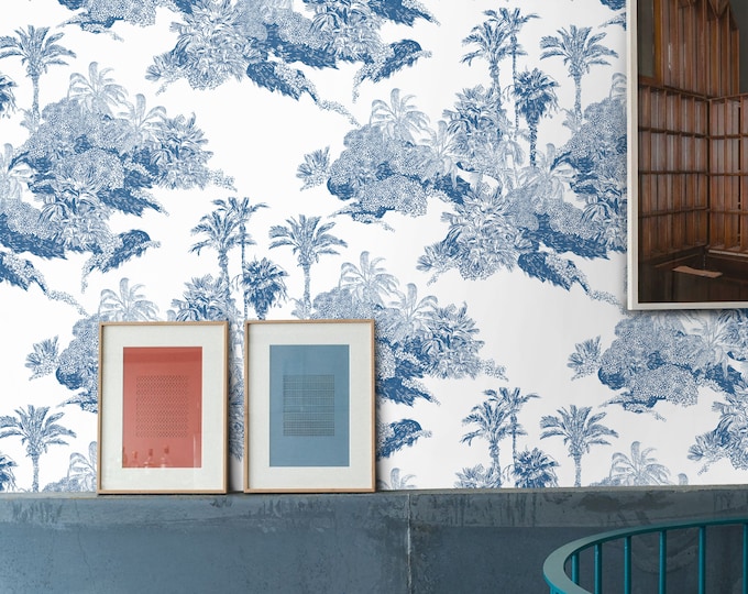 Tropical Landscape Toile wallpaper in Blue and White, Palm Tree Modern Beach House Decor, Toile Removable Wallpaper