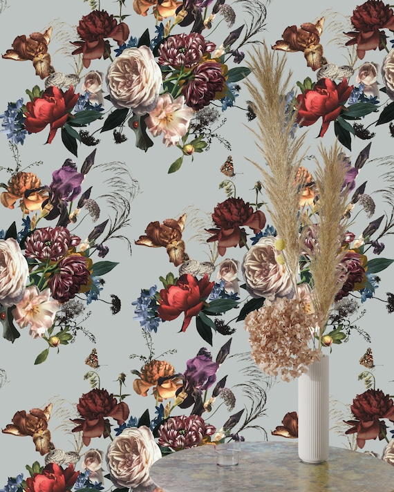 Gray Floral Dutch Wallpaper, White Peonies Botanical Flowers