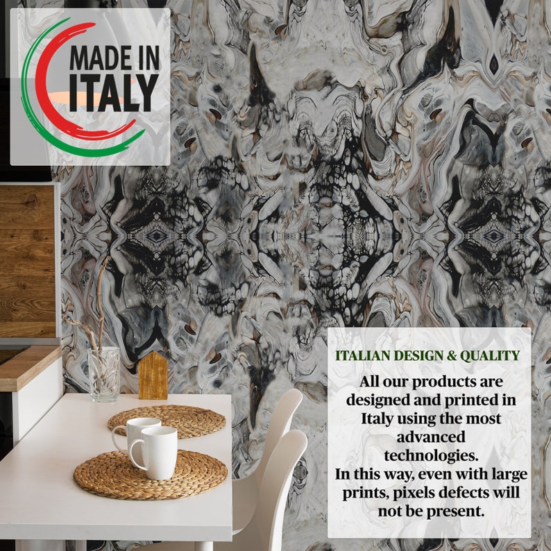 May include: A close-up of a white dining table with two white chairs and two white mugs on woven placemats. The wall behind the table features a black and white abstract wallpaper with a swirling pattern. The text "MADE IN ITALY" is visible in a green and red circle in the upper left corner of the image. The text "ITALIAN DESIGN & QUALITY" is visible in the lower right corner of the image. The text below reads "All our products are designed and printed in Italy using the most advanced technologies. In this way, even with large prints, pixels defects will not be present."