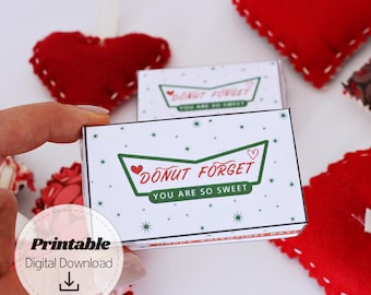 Valentine Donut Box-sjabloon, afdrukbare traktatiedoos, Donut Forget Forget You're Sweet-geschenkdoos, digitale download voor kinderen Valentijnsdag minidoos