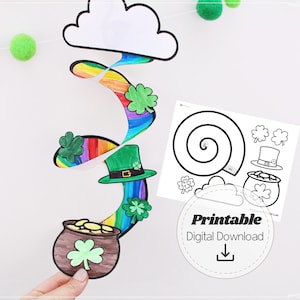 May include: Printable St. Patrick's Day craft for kids.  The craft features a rainbow, a pot of gold, a leprechaun hat, and shamrocks.  The printable includes a spiral template for the rainbow.