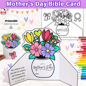 Tarjeta imprimible con versículo bíblico para el Día de la Madre, para colorear, para la escuela dominical, tarjeta plegable con flores para niños, manualidad cristiana para el Día de la Madre, Proverbios 31:28