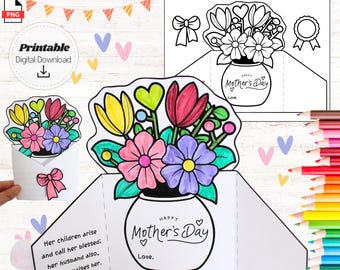 Mother's Day Bible Verse Card Printable Coloring Sunday School Foldable Flower Card for Kids Mothers Day Christian Kids Craft Proverbs 31:28