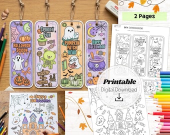 Halloween Coloring Bookmarks Printable for Kids, DIY Cut and Color Craft, Spooky Classroom Party Favor + Bonus Halloween Coloring Page PDF