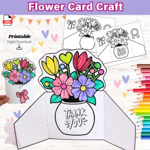 Foldable Flower Card Craft Printable DIY Thank You Card for Kids Teacher Appreciation Spring Coloring Craft Classroom Activity Mother Gift